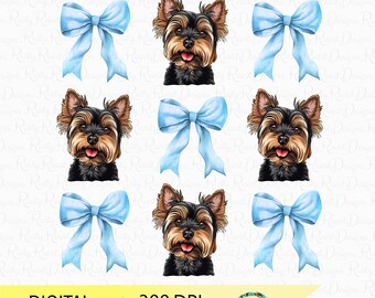 Yorkie PNG, Coquette dog, Yorkie sublimation designs, coquette shirt design, Yorkshire terrier, blue bow png, Yorkie with bows Png