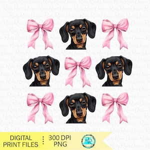 Dackel PNG, Coquette Hund, Hundesublimationsentwürfe, Hundeliebhaber, Koketten-Shirt-Design, Schwarz-Tan-Dackel, rosa Schleife