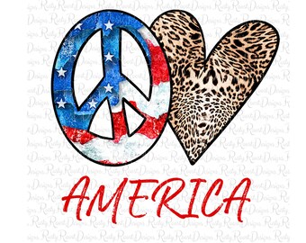May include: Peace sign with an American flag design and a heart with a leopard print design. The text "AMERICA" is below the designs.