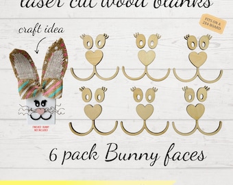 Wood Bunny Face Cutouts 6 Pack, Laser Cut Wooden Easter Bunny Faces, DIY Spring crafts, Wood blanks for crafts
