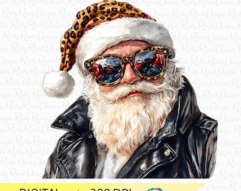 Cool Santa PNG, Santa sublimation design, Santa with sunglasses, Santa leopard hat, Funny Santa Png