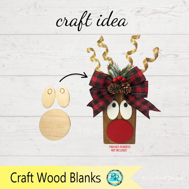 Puede incluir: Plantillas de madera para manualidades de un reno. El reno tiene una nariz roja, ojos blancos y un lazo a cuadros. Las astas son de cinta dorada con purpurina. El texto "craft idea" est&aacute; en la parte superior.