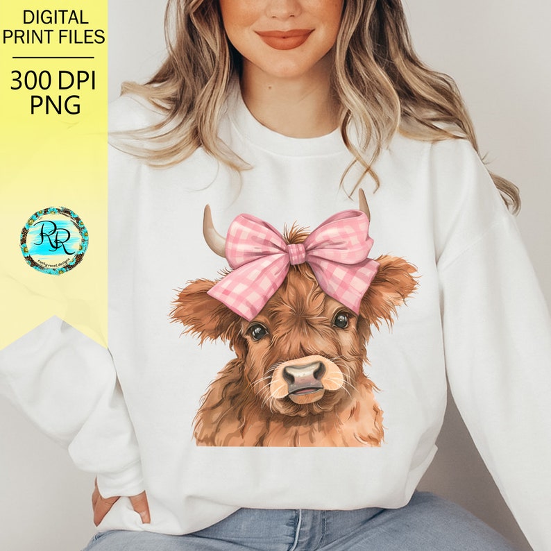 May include: A digital illustration of a brown Highland cow with a pink and white gingham bow on its head. The cow is looking directly at the viewer.