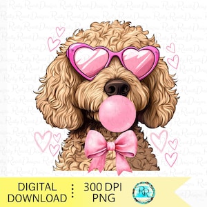 Goldendoodle PNG, cane Coquette, disegno di sublimazione di San Valentino per cani, cane con occhiali a cuore, cane doodle dorato che soffia bolle