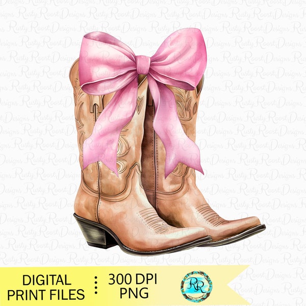 Coquette Cowgirl PNG, Western sublimation design, Soft girl era, Cowgirl boots png, Boots with bows, coquette shirt design, pink bow png