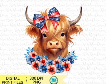 Vache patriotique des montagnes Png, 4 juillet, design par sublimation, vache avec un arc, drapeau des Etats-Unis, téléchargement numérique, Western Png, oeuvre d'art imprimable