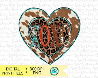 May include: A heart-shaped design with a cowhide pattern, a leopard print, and the word "XOXO" in a turquoise, orange, and brown color scheme.
