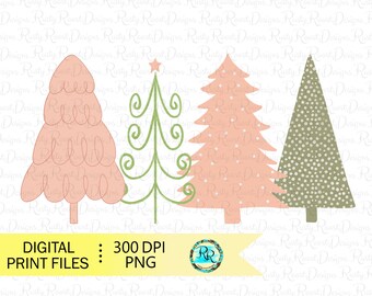 May include: Three Christmas trees in a row. The first tree is pink with a white swirl design. The second tree is green with a white star on top and a swirl design. The third tree is green with white polka dots.