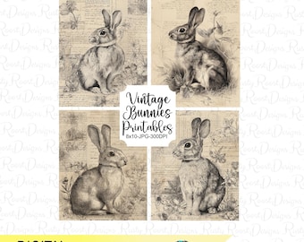 Vintage Bunny Printables, Set of 4 Easter Wall Art, 8x10 black and white Rabbit digital download Printable