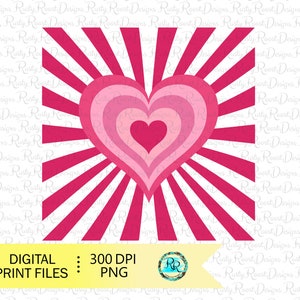 May include: A pink heart with concentric circles radiating out from the center, set against a white background with red and white stripes emanating from the center.