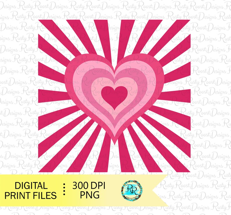 May include: A pink heart with concentric circles radiating out from the center, set against a white background with red and white stripes emanating from the center.