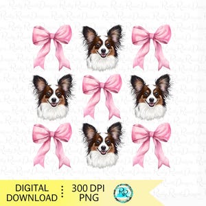 Papillon PNG, Perro coqueto, Diseños de sublimación de perros, Diseño de camiseta coqueta, Papillon y lazos rosas Png