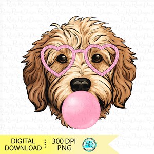 May include: A brown and white dog with pink heart-shaped sunglasses and a pink bubble in its mouth.