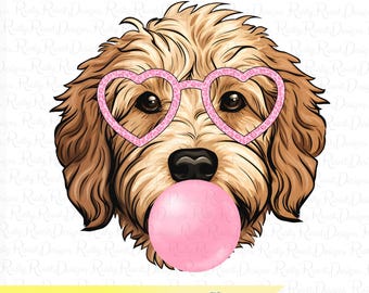 Goldendoodle PNG, Coquette dog, Dog with heart glasses, coquette shirt design, golden doodle dog blowing bubble