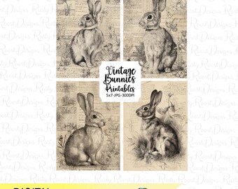 Vintage Bunny Printables Set of 4, Farmhouse Easter Wall Art, Neutral Rabbit Printable, Rustic Spring Decor, Digital Download