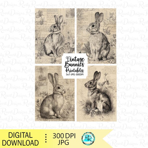 Vintage Bunny Printables Set of 4, Farmhouse Easter Wall Art, Neutral Rabbit Printable, Rustic Spring Decor, Digital Download