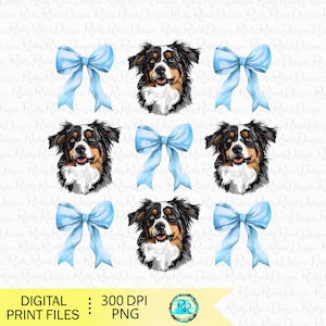 May include: A digital print file featuring a repeating pattern of Bernese Mountain Dog faces with blue bows. The dogs are illustrated in a watercolor style with white backgrounds.