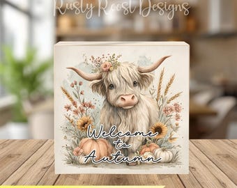 Highland Cow Fall Shelf Sitter design, Welcome to Autumn Wood Block Design,  2x4 Craft Printable, DIY decoupage Wood Sign digital design