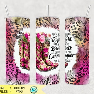 Modèles de sublimation de gobelet skinny de bottes de cow-girl, emballage PNG de sublimation pour des gobelets, gobelet de bottes roses PNG, emballage PNG léopard rose