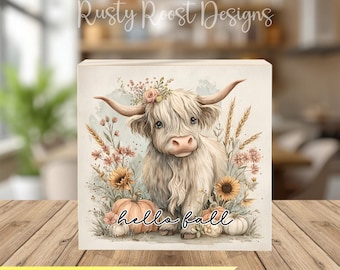 Highland Cow Fall Shelf Sitter design, Hello Fall Wood Block Design,  2x4 Craft Printable, Decoupage Fall Decor | DIY Wood Sign design