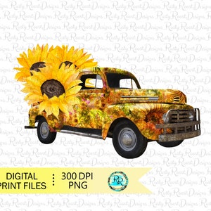 Sunflower truck png, truck sublimation designs, digital download, sublimation graphics, vintage truck, truck with sunflowers, printable art