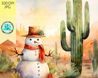 May include: A watercolor painting of a snowman wearing a brown hat and red scarf standing in a desert landscape with tall green cacti. The background is a sunset with orange, yellow, and pink hues.