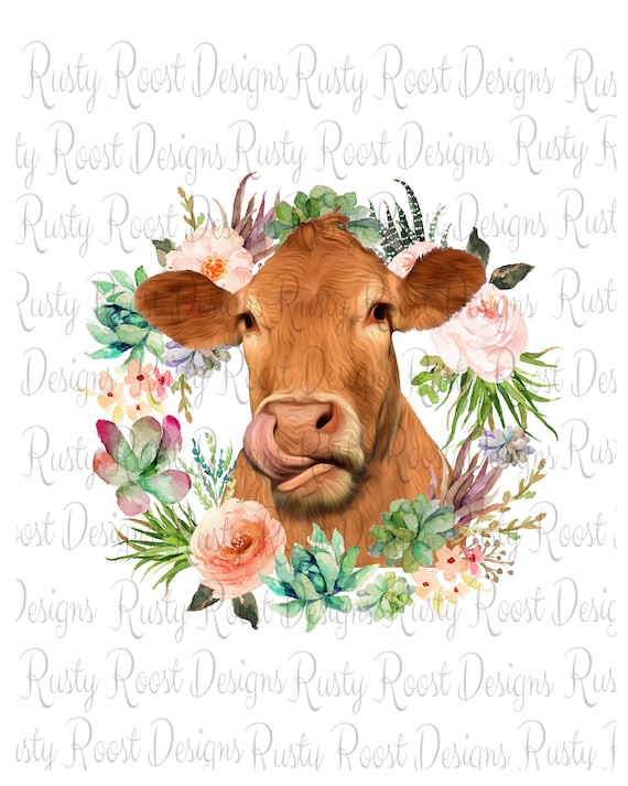 Cow sublimation design download,Cow with flowers png,printable tshirt design,sublimation graphics,watercolor wreath,printable art,heifer