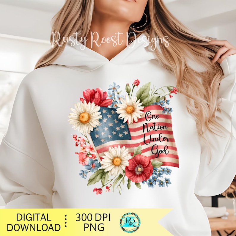 May include: White hoodie featuring a floral American flag design with the text "One Nation Under God." The design includes red, white, and blue flowers and the flag's stars and stripes. The hoodie has a drawstring hood.