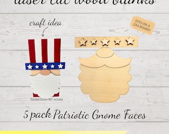 Patriotic Uncle Sam Gnome Face Cutouts Pack of 5, Laser Cut Craft Blanks, DIY patriotic wood face craft cutouts