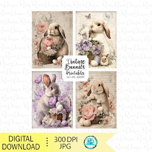 Puede incluir: Cuatro estampados de conejitos de estilo vintage. Cada estampado presenta un conejito con una cesta de flores y huevos. Los estampados tienen una paleta de colores suaves y pastel con el texto "Vintage Bunnies Printables 5x7-JPG-300DPI" en el centro.