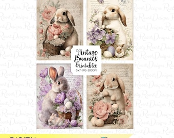 Set of 4 Vintage Bunny Printables, 5x7 Easter Wall Art, Cottage Chic Rabbits, digital download