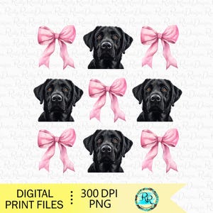 May include: Digital print files featuring black Labrador retrievers and pink bows. The image includes the text "DIGITAL PRINT FILES : 300 DPI PNG". The design is suitable for various crafting projects.