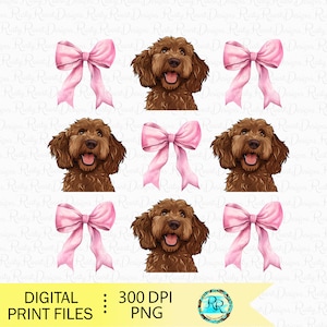 Labradoodle PNG, chien coquette, motifs de sublimation de chien, doodle maman, conception de chemise coquette, labradoodle brun png, noeud rose