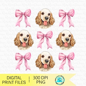 Può includere: File di stampa digitale di sei illustrazioni ad acquerello di un cocker spaniel con fiocchi rosa. Il cane guarda direttamente lo spettatore con la lingua fuori. Lo sfondo è bianco.