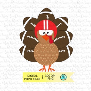 May include: A cartoon turkey wearing a red and white football helmet with brown footballs for feathers. The turkey has a brown body with a pattern of small triangles. The background is white with a repeating pattern of the words "Rusty Roost Designs".