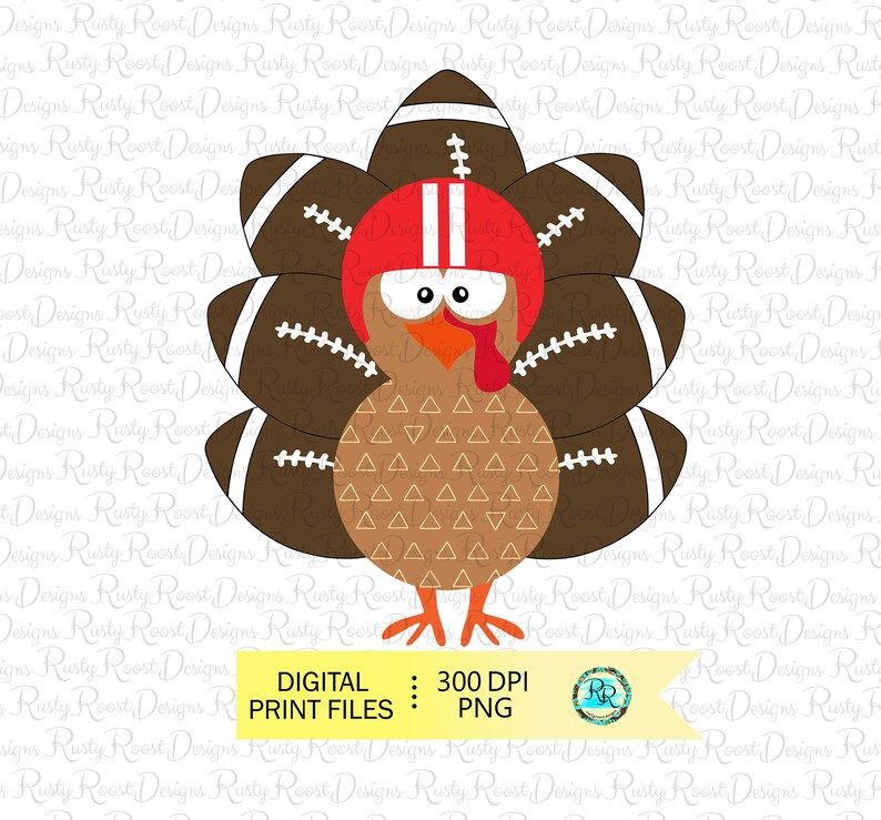 May include: A cartoon turkey wearing a red and white football helmet with brown footballs for feathers. The turkey has a brown body with a pattern of small triangles. The background is white with a repeating pattern of the words "Rusty Roost Designs".