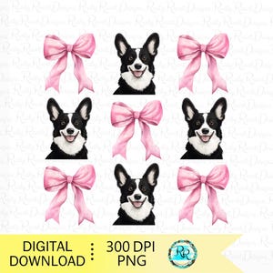 Corgis PNG, Kokettenhund, Hundesublimationsdesigns, Hunde-Shirt-Design, Hund mit Schleifen, Schwarzweiß-Corgis mit rosa Schleifen, digitaler Download