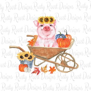 May include: A pink pig wearing a sunflower crown sits in a brown wheelbarrow with pumpkins and fall leaves.