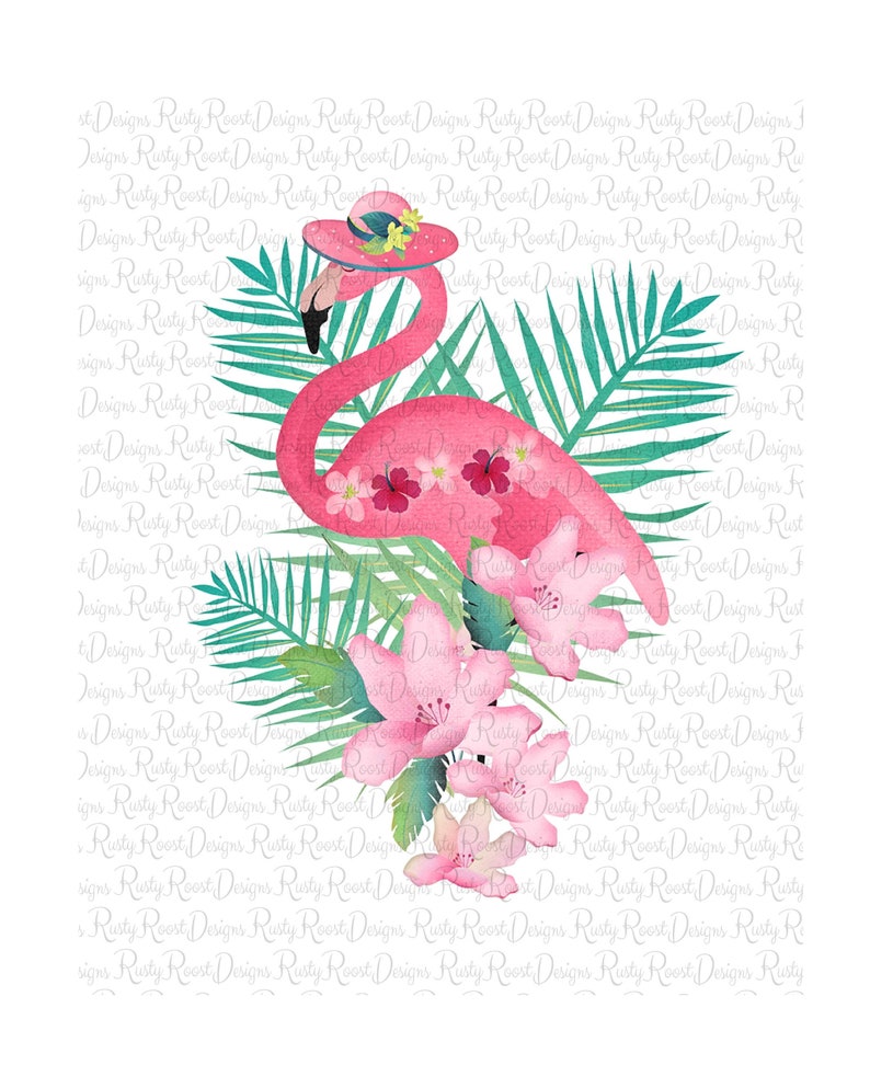 Peut inclure: Un flamant rose portant un chapeau et entour&eacute; de fleurs et de feuilles tropicales. Le flamant rose est sur un fond blanc.