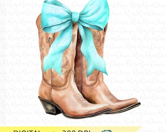 Kokette Cowgirl PNG, westliches Sublimationsdesign, Cowgirl Stiefel png, Stiefel mit Schleifen, kokettes Hemd Design, Türkis Schleife png