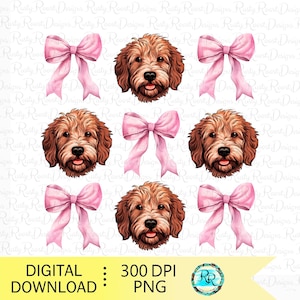 Goldendoodle PNG, Coquette Hund, Hundesublimationsdesigns, Coquette Shirt Design, roter goldener Gekritzelhund mit rosa Bögen