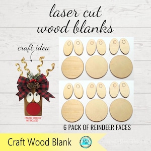 Puede incluir: Plantillas de madera cortadas con l&aacute;ser para manualidades. La imagen muestra una idea de manualidad de cara de reno con nariz roja, ojos saltones y un lazo a cuadros. La imagen tambi&eacute;n muestra un paquete de 6 recortes de caras de reno de madera.