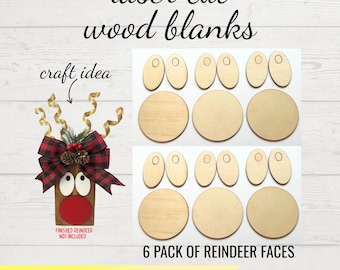 6 Pack Reindeer Face Cutouts | Christmas Craft Kit | Laser Cut Wood Reindeer Faces | Holiday Wood Blanks for crafts