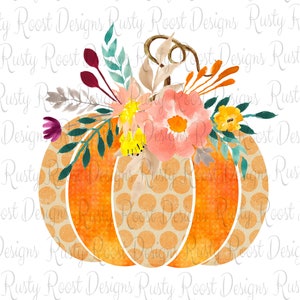 May include: A watercolor painting of an orange pumpkin with a polka dot pattern. The pumpkin is decorated with a floral arrangement of pink, yellow, and white flowers, green leaves, and brown stems.