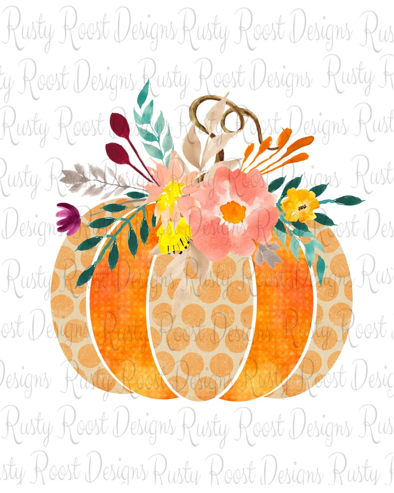 May include: A watercolor painting of an orange pumpkin with a polka dot pattern. The pumpkin is decorated with a floral arrangement of pink, yellow, and white flowers, green leaves, and brown stems.