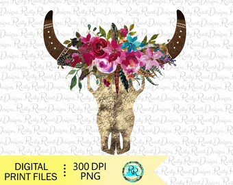 Bull Skull png, Western sublimation designs downloads, skull with flowers, digital download, sublimation graphics, printable, Western PNG