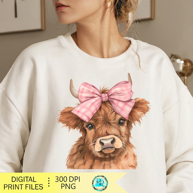 May include: A digital illustration of a brown Highland cow with a pink and white gingham bow on its head. The cow is looking directly at the viewer with a sweet expression.