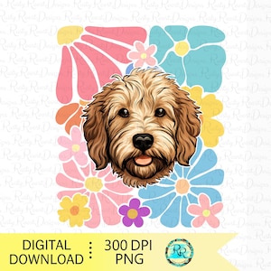 Goldendoodle PNG, Hundeblumen Sublimationsdesigns, Hund mit Blumen, Sommerhund png digitaler Download