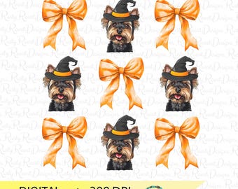 Yorkie Coquette Halloween png, Halloween dog sublimation design, coquette shirt design, Yorkshire Terrier dog with orange bows