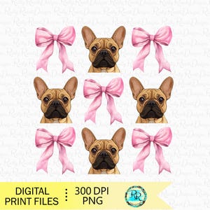 Französische Bulldogge PNG, Coquette Hund, Frenchie Dog Sublimationsentwürfe, Hunde-Shirt-Design, Hund mit Bögen, rosa Schleife Png, hellbraun Frenchie png